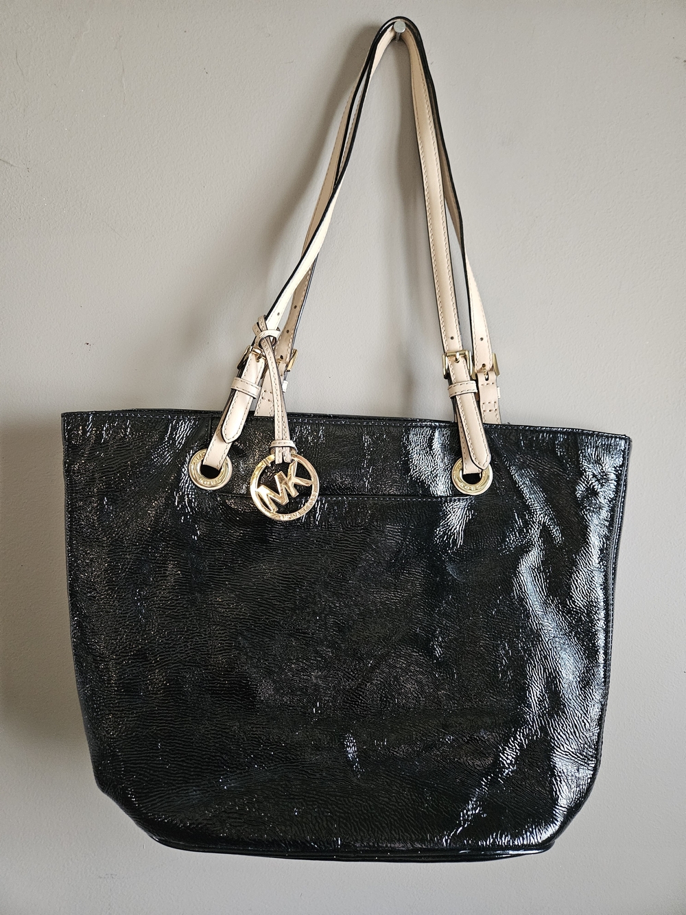 Michael Kors Black Patent Tote with Cream Straps and Gold Hardware